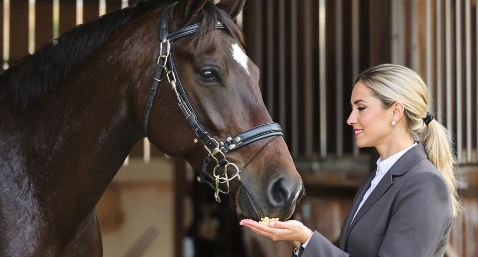 A well-dressed equestrian offers her horse healthy treats, reinforcing good habits during parasite prevention routines.