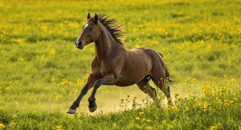 A young horse gallops powerfully in a field, highlighting its muscular strength, for a joint supplements guide on PetHealthMD.