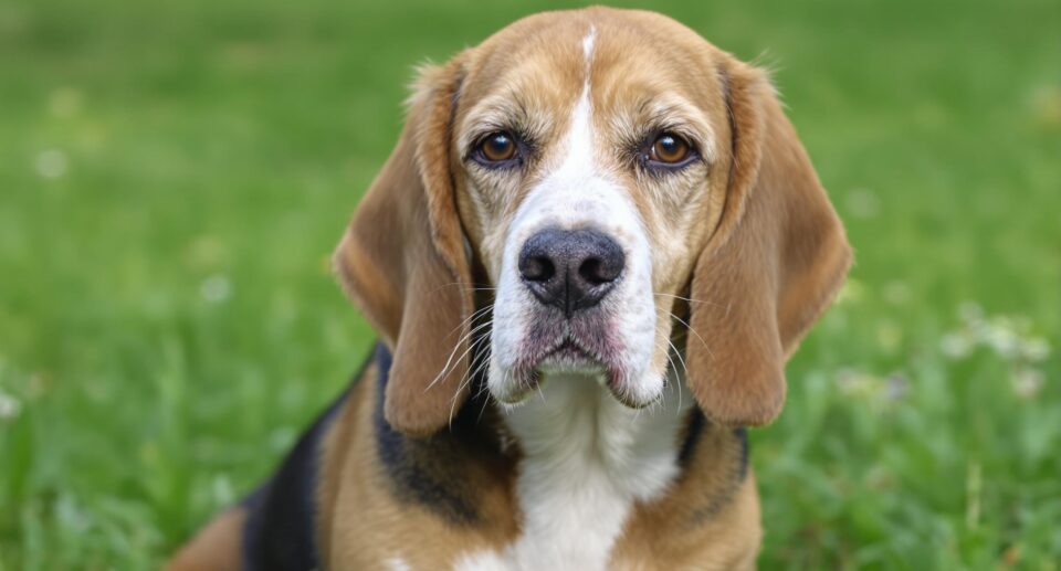 beagle sitting in a grassy field