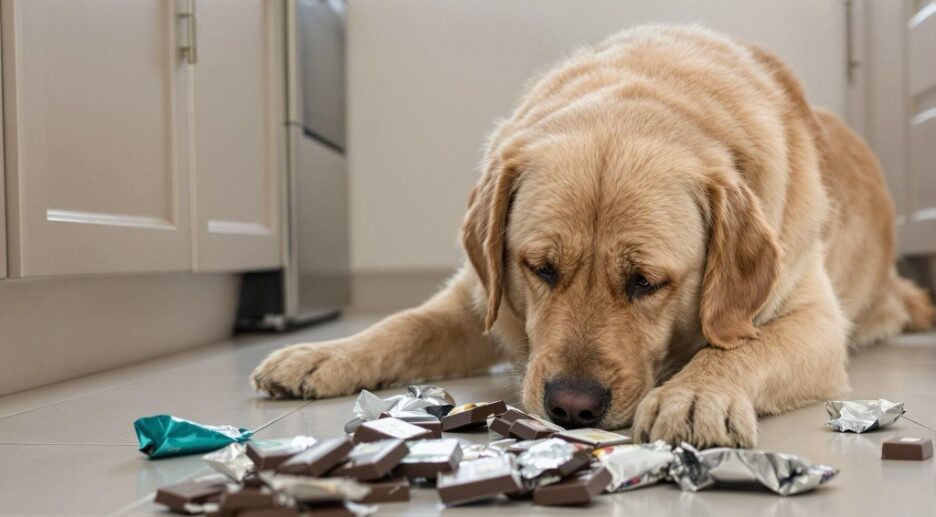 dog on a kitchen floor sniffing candy wrappers