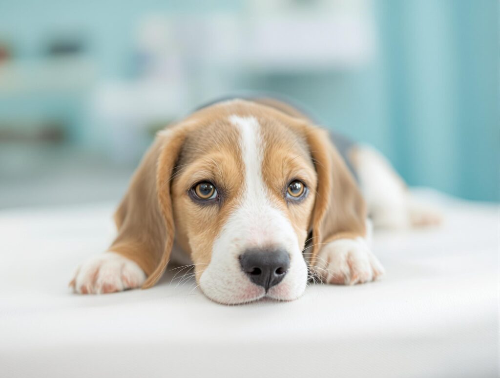 a beagle sitting on an examination table with his down