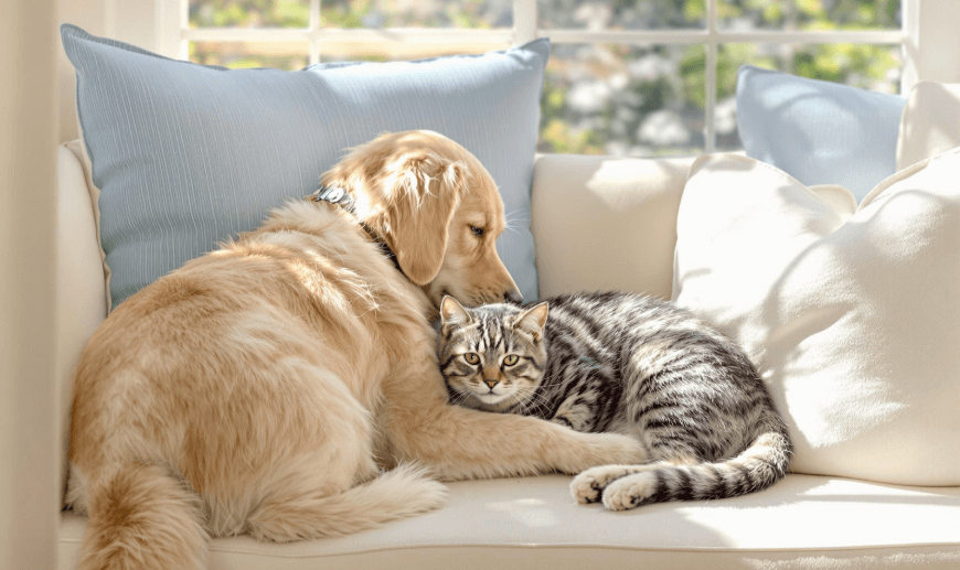 Dog and cat snuggling on a couch with a window in the background.