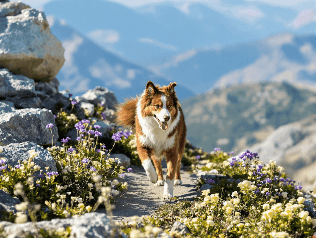 Dog running on a path surrounded by rocks and flowers