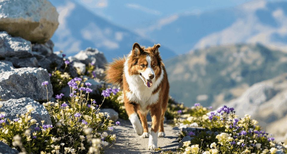 Dog running on a path surrounded by rocks and flowers