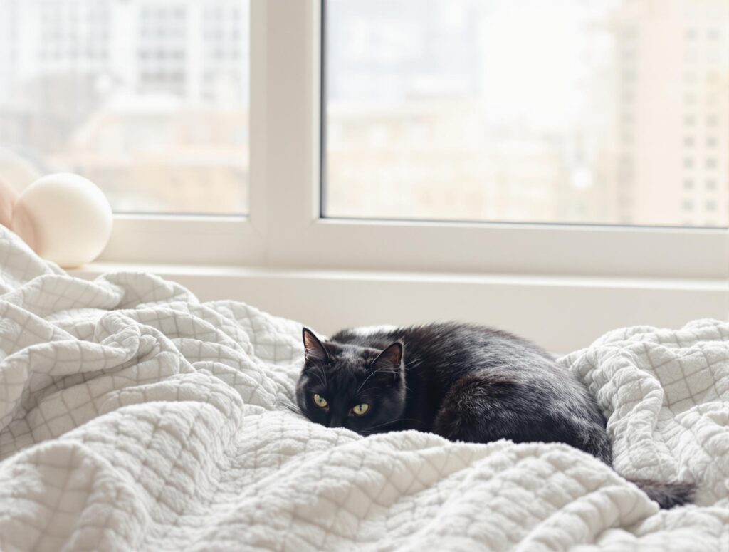 black cat sitting in a white blanket next to a window