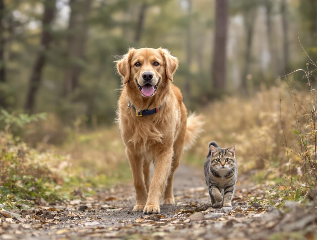 Dog and a cat walking side by side on a trail