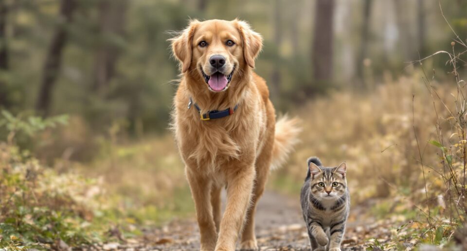 Dog and a cat walking side by side on a trail