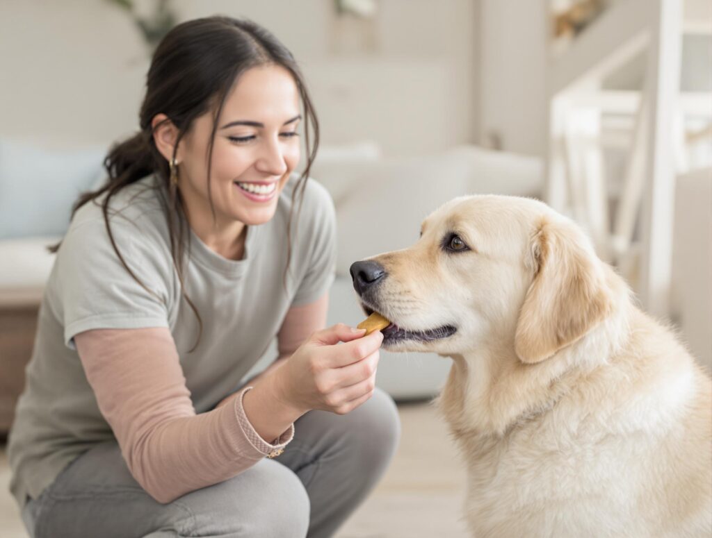 Woman feeding a treat to a labrador