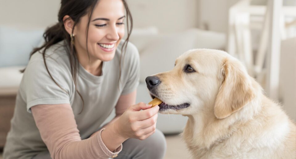 Woman feeding a treat to a labrador