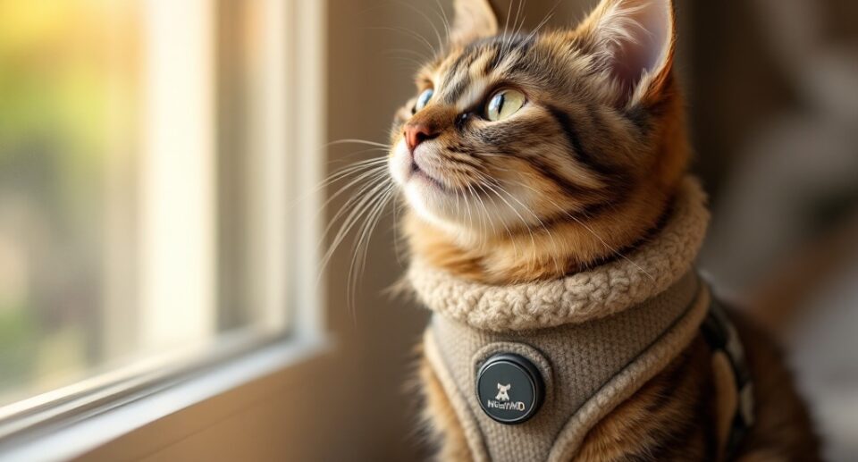 tabby cat wearing a harness
