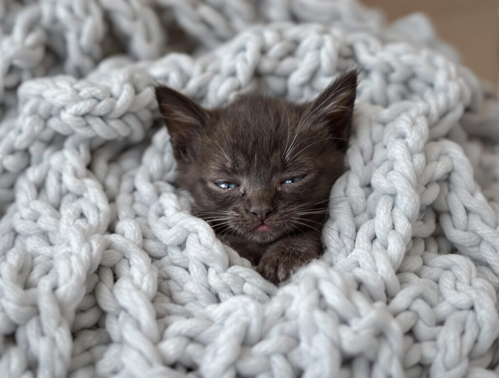 A sleepy-looking dark gray kitten with blue eyes nestled in a chunky white knitted blanket.