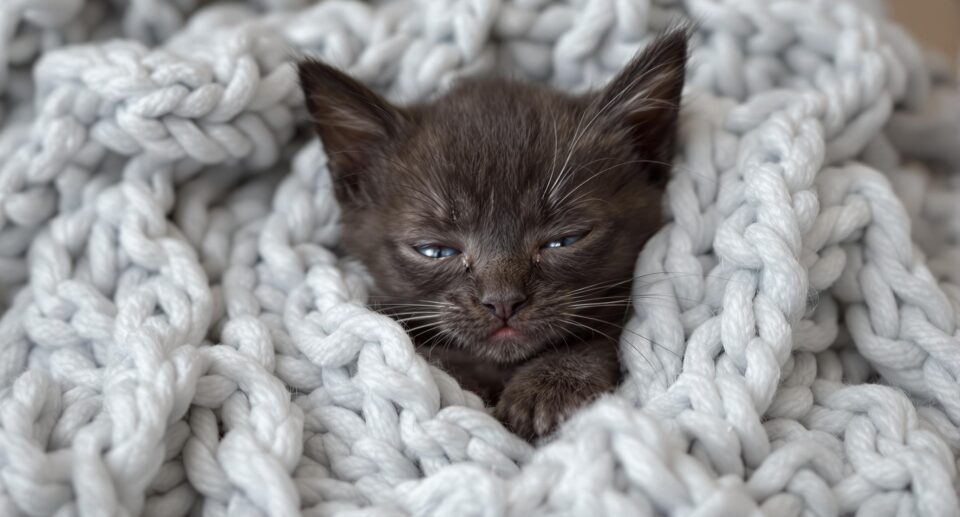 A sleepy-looking dark gray kitten with blue eyes nestled in a chunky white knitted blanket.