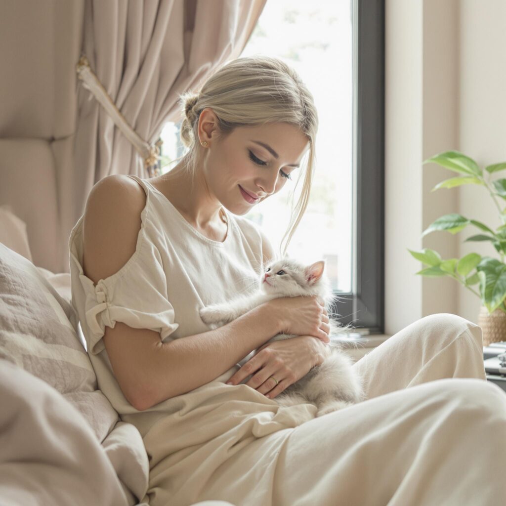 Woman sitting on a couch, cuddling with kitten