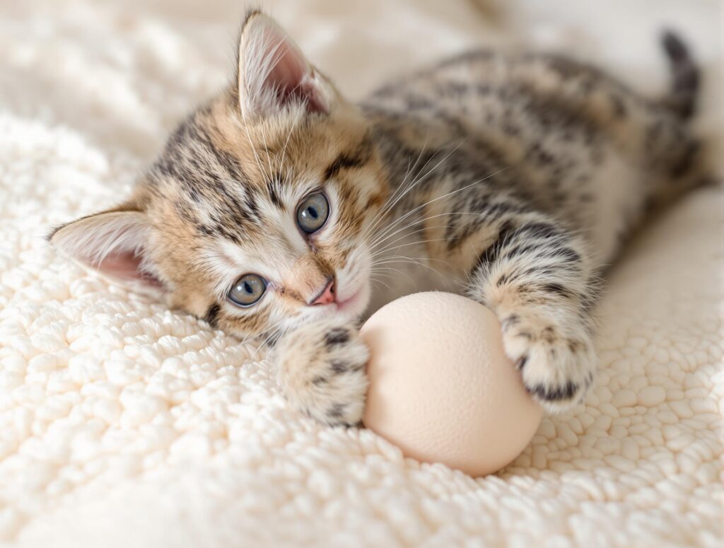 Kitten laying down and playing with a ball