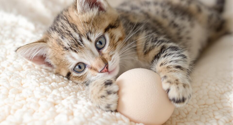 Kitten laying down and playing with a ball