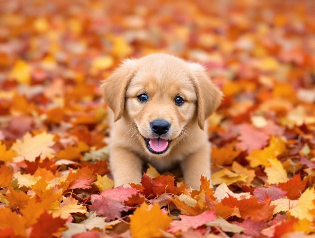 golden-retriever-puppy-playing-in-autumn-leaves