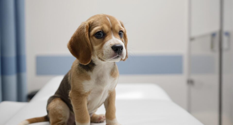 Beagle puppy on an examination table