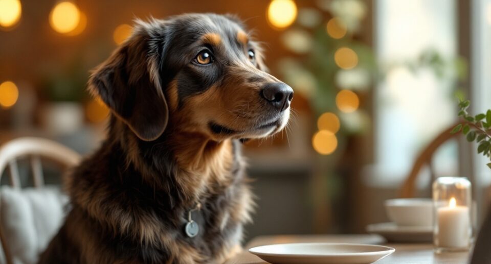 Black and brown dog waiting for food