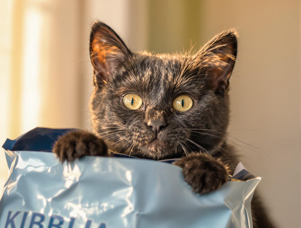 Adorable black cat coming out of a Kibble bag
