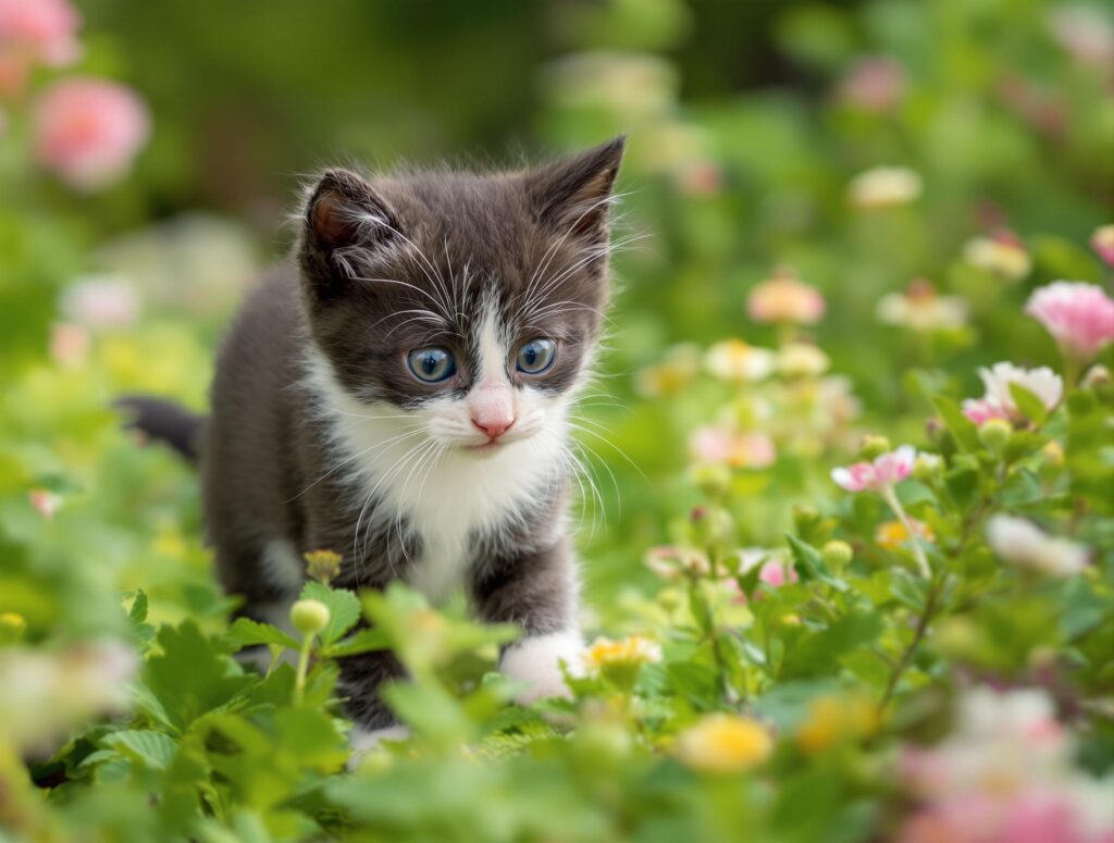 Black kitten in a garden