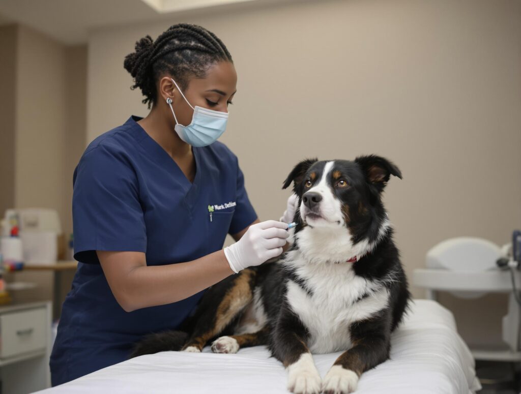 Border collie receiving a vaccination shot