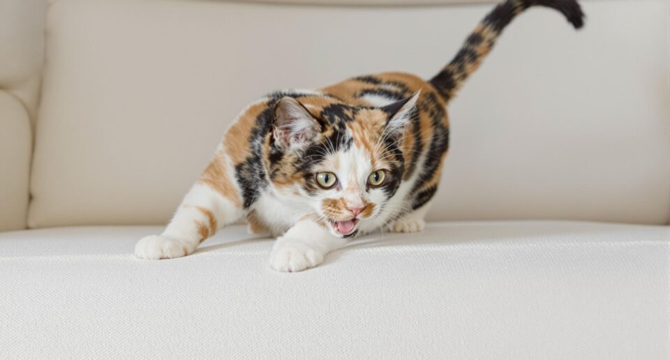 calico-cat-on-a-couch-hissing