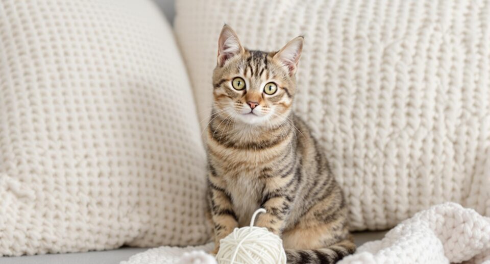 cat on a bed with a ball of yarn