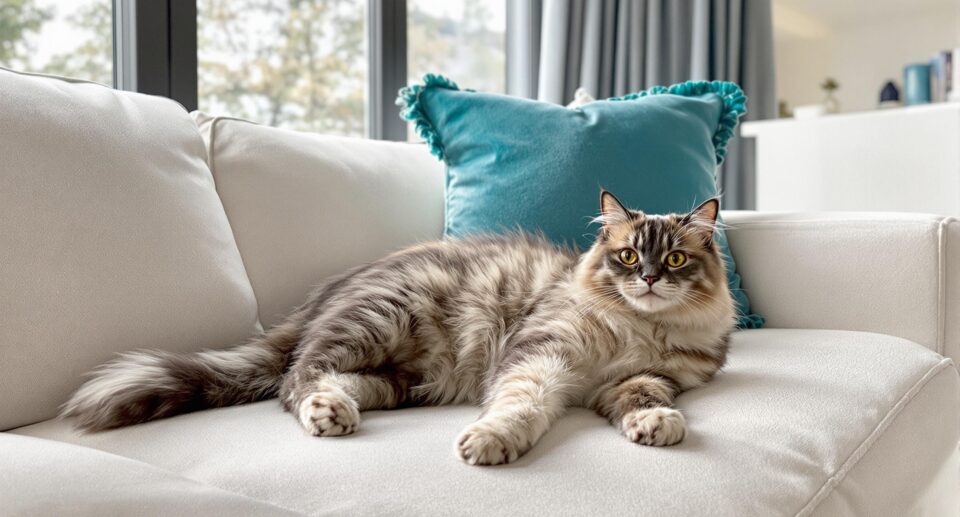 fluffy cat on a beige couch