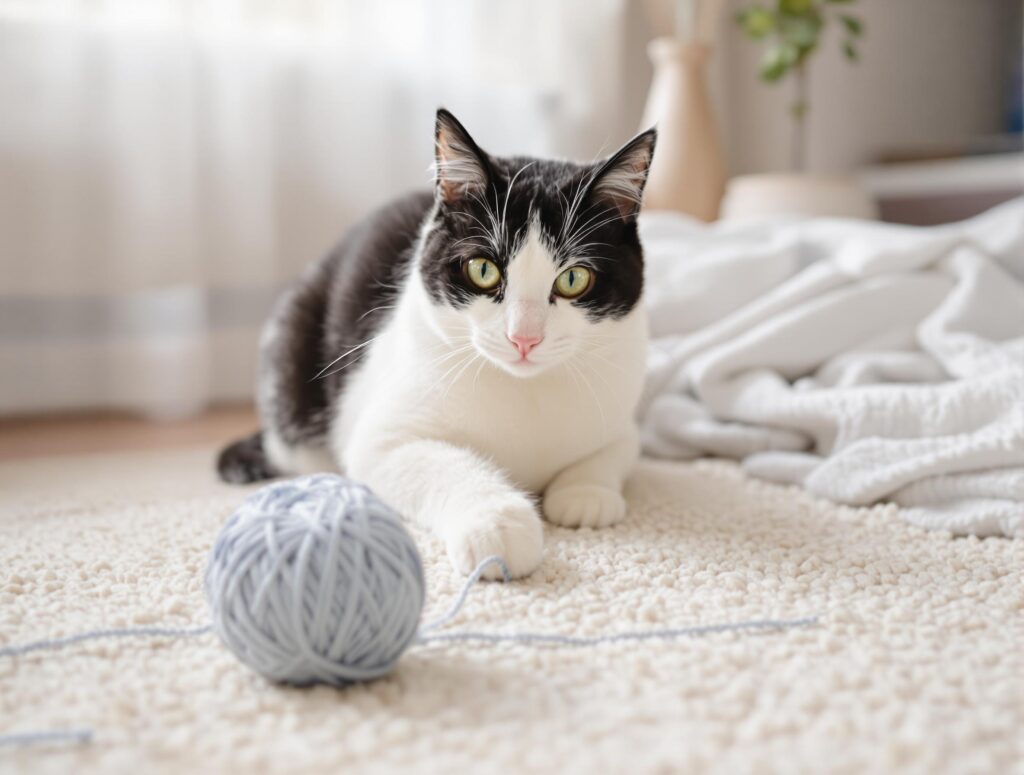 clack and white cat playing with yarn ball