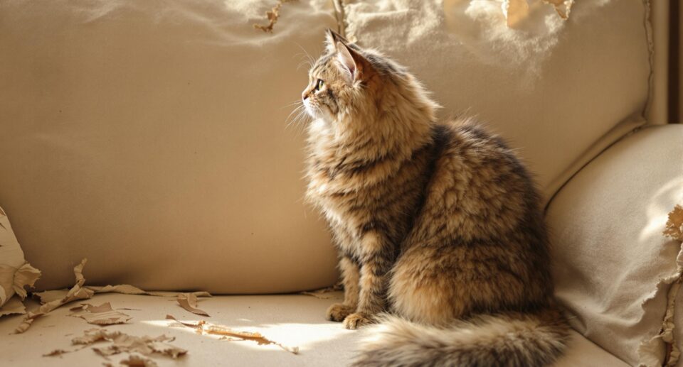 Brown cat sitting on a scratched up sofa