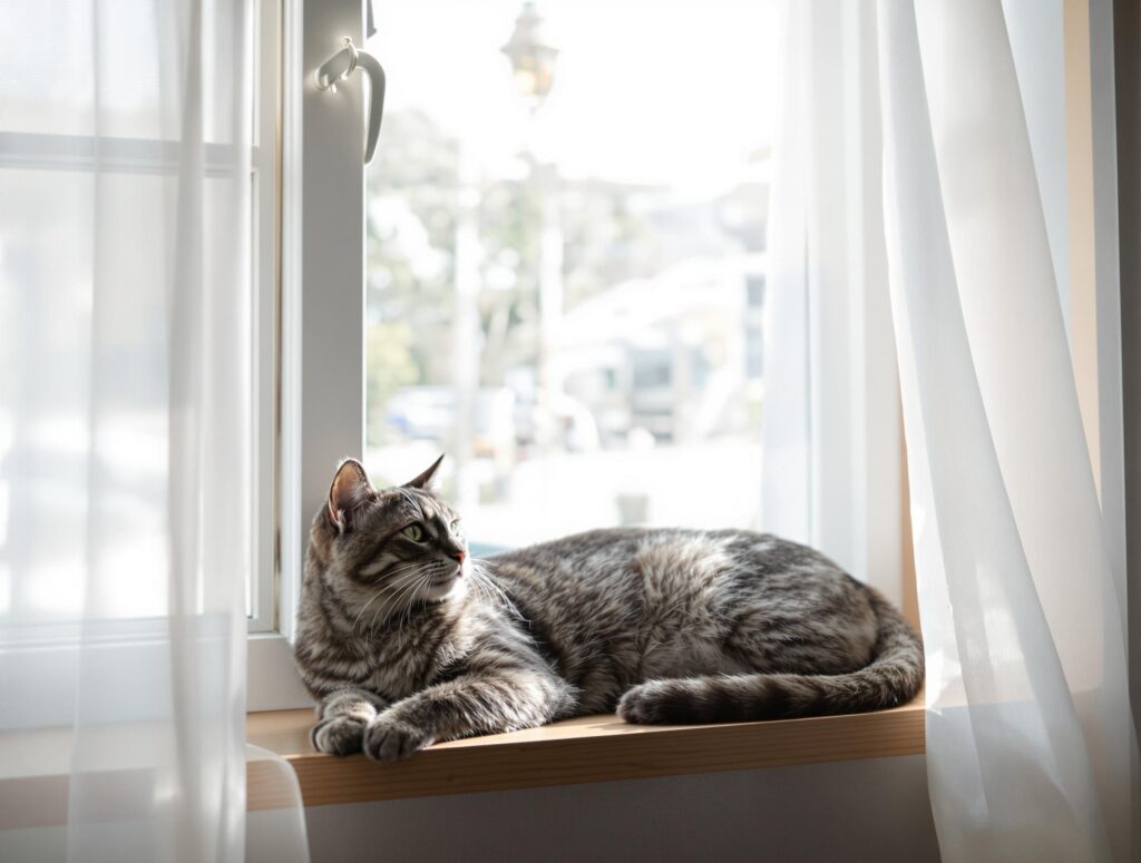 A silver tabby cat rests peacefully on a wooden windowsill, surrounded by soft white curtains and natural light.