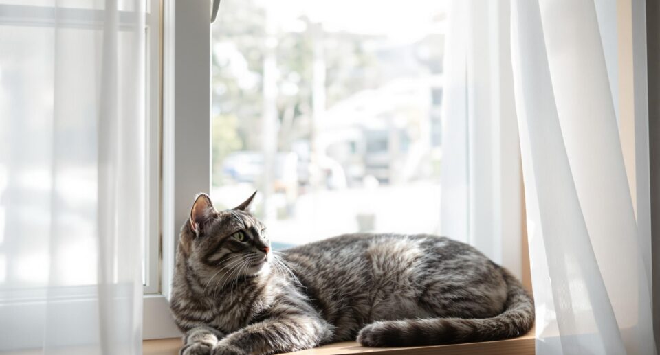A silver tabby cat rests peacefully on a wooden windowsill, surrounded by soft white curtains and natural light.