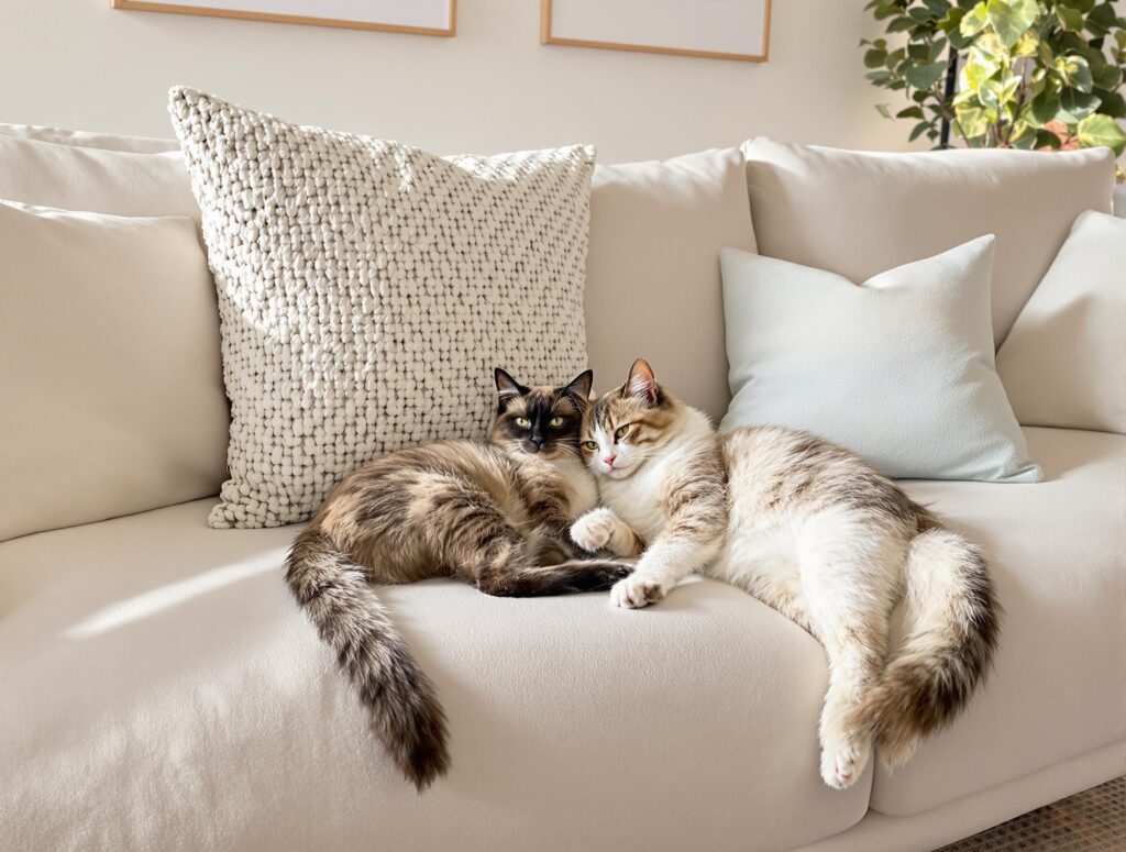 Two cats cuddling on a sofa
