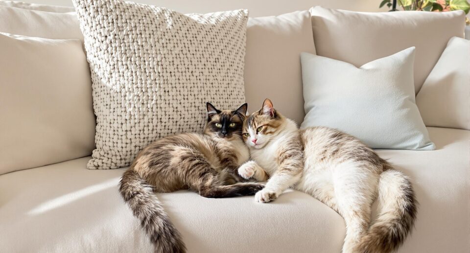 Two cats cuddling on a sofa