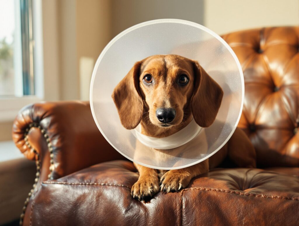 dachshund with cone on a brown leather couch