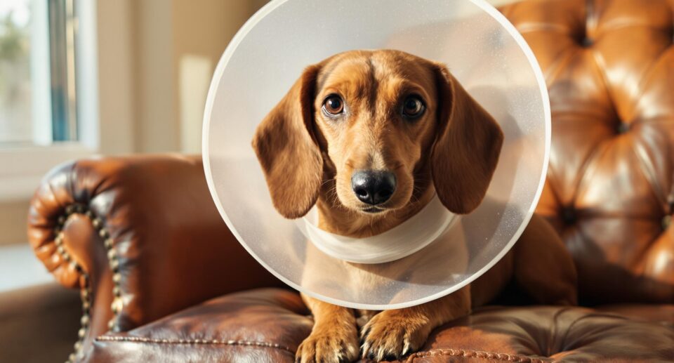 dachshund with cone on a brown leather couch