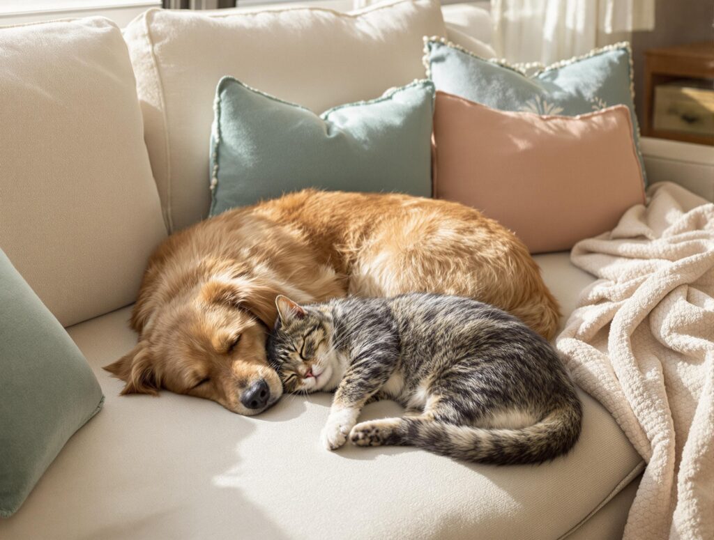 Dog and cat taking a nap together