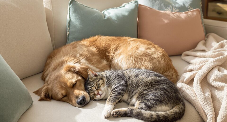 Dog and cat taking a nap together