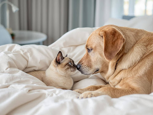 A golden Labrador retriever and a Siamese cat with blue eyes touching noses while lounging together on rumpled white bedding.