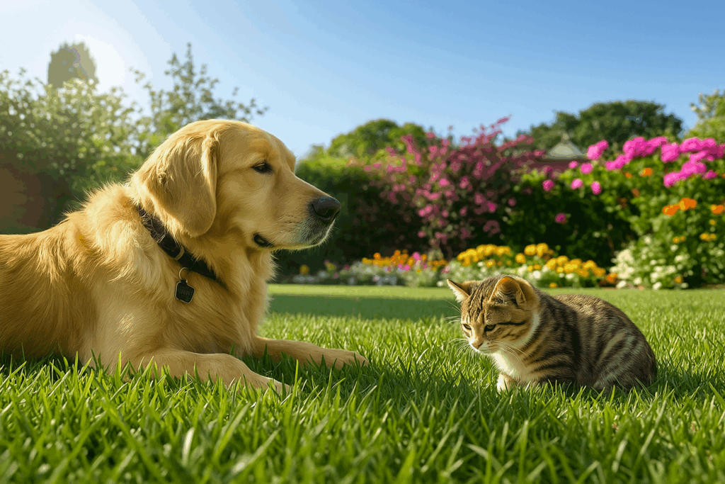 a large dog and cat sitting on a grassy lawn