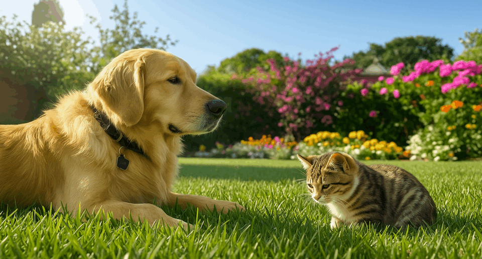 a large dog and cat sitting on a grassy lawn