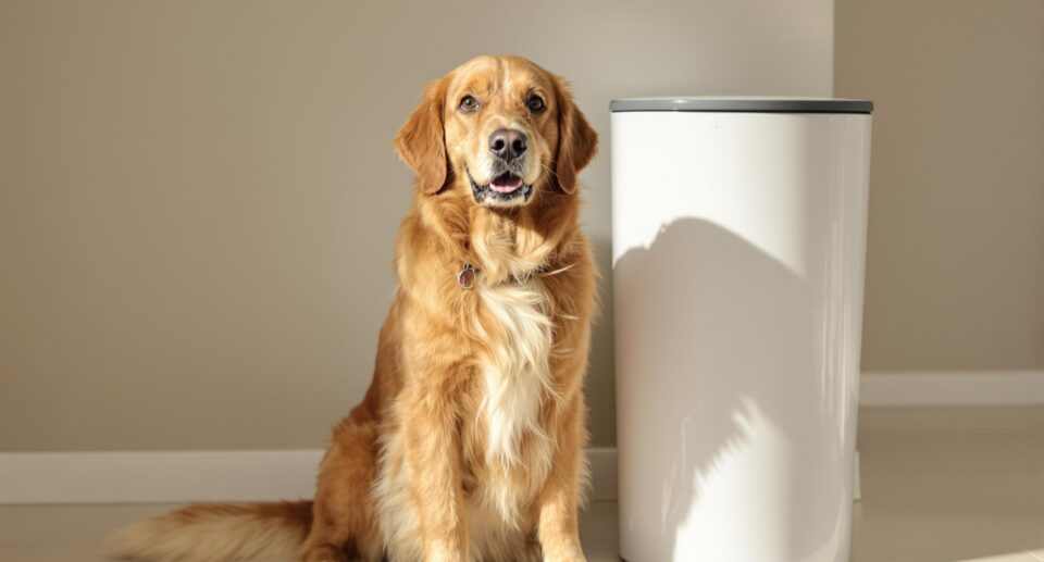 A golden retriever sitting alert next to a white cylindrical trash can in a minimalist room with beige walls and natural sunlight casting shadows across the floor.