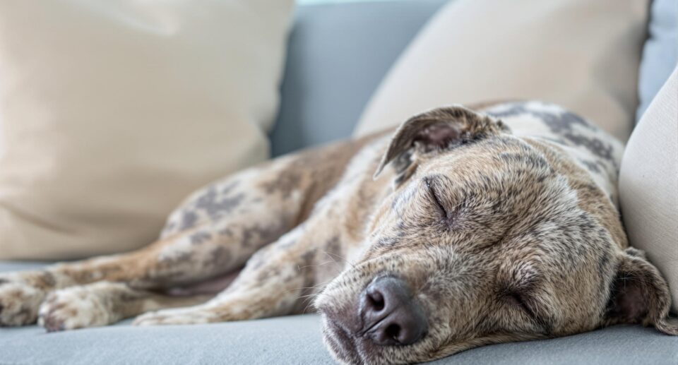 dog sleeping on a blue couch