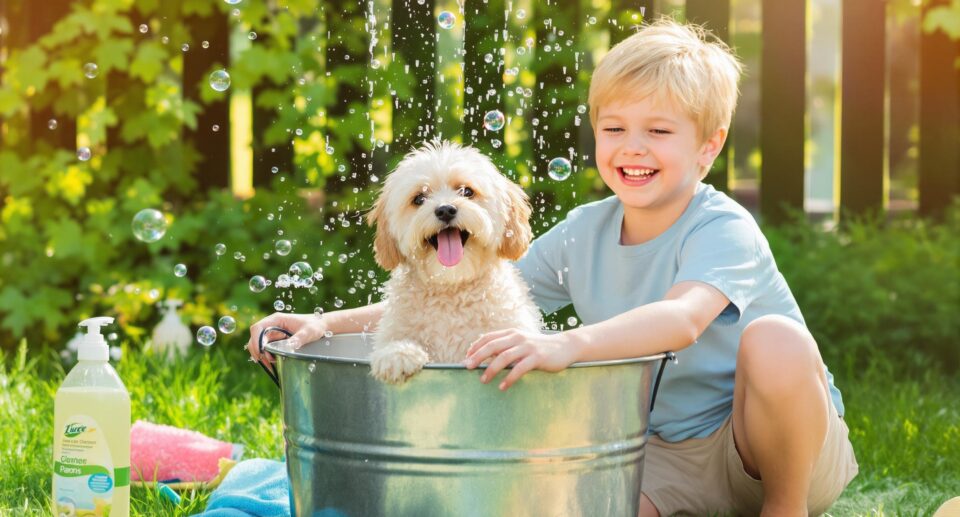 Child giving a shih tzu a bath