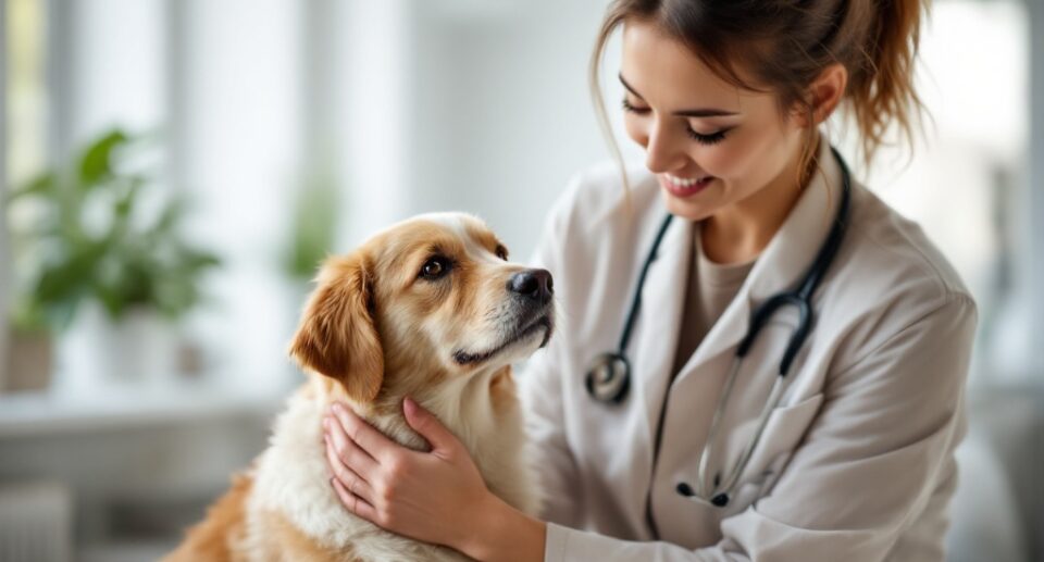 Vet gently petting the dog