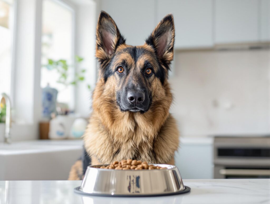 german shepherd in front of food bowl