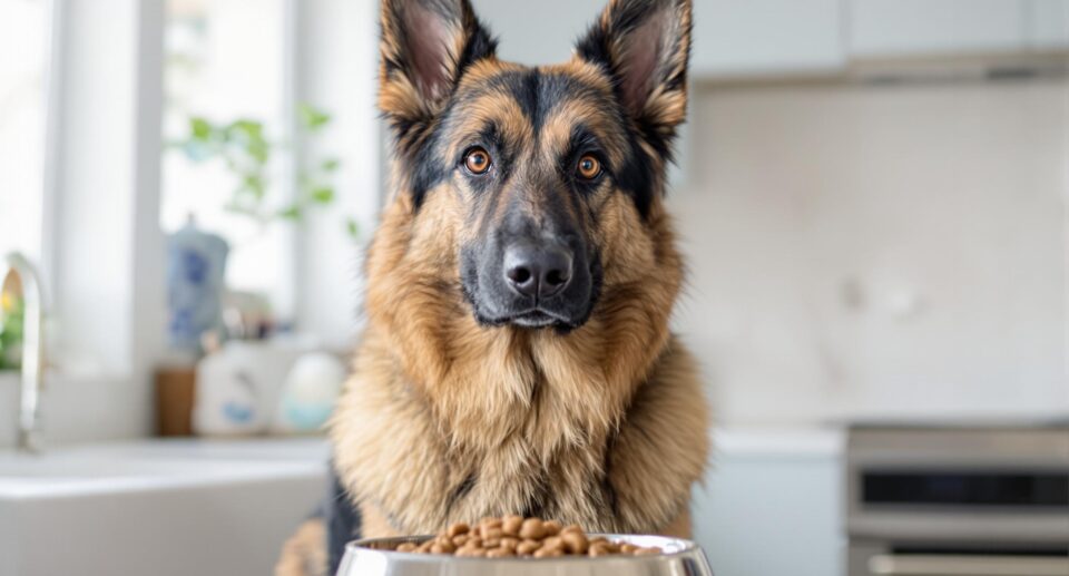 german shepherd in front of food bowl