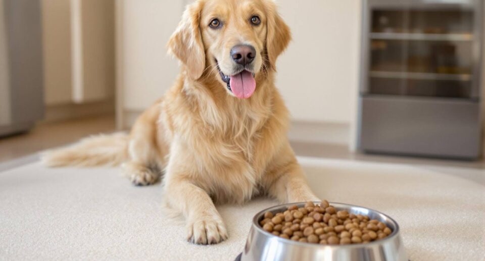 golden-retriever-sitting-in-front-of-food-bowl
