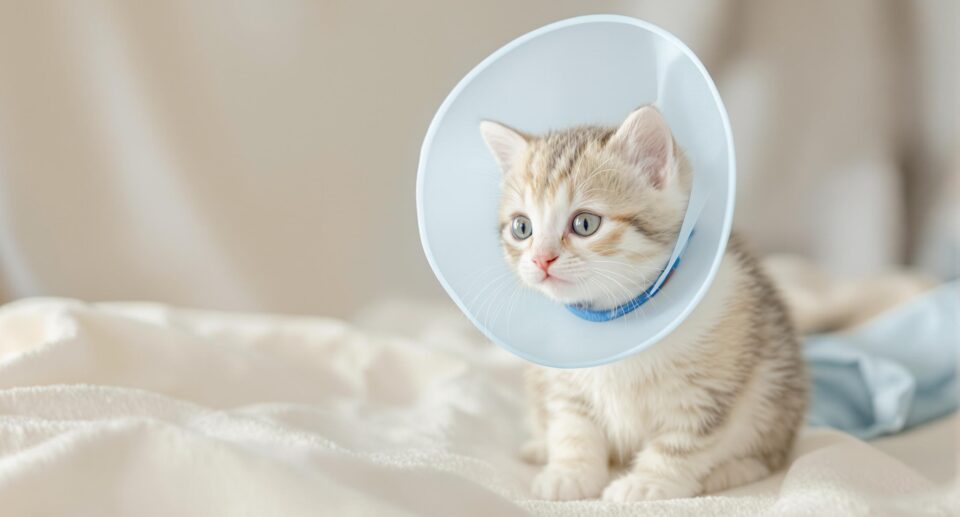 grey and white tabby kitten with a cone around its head