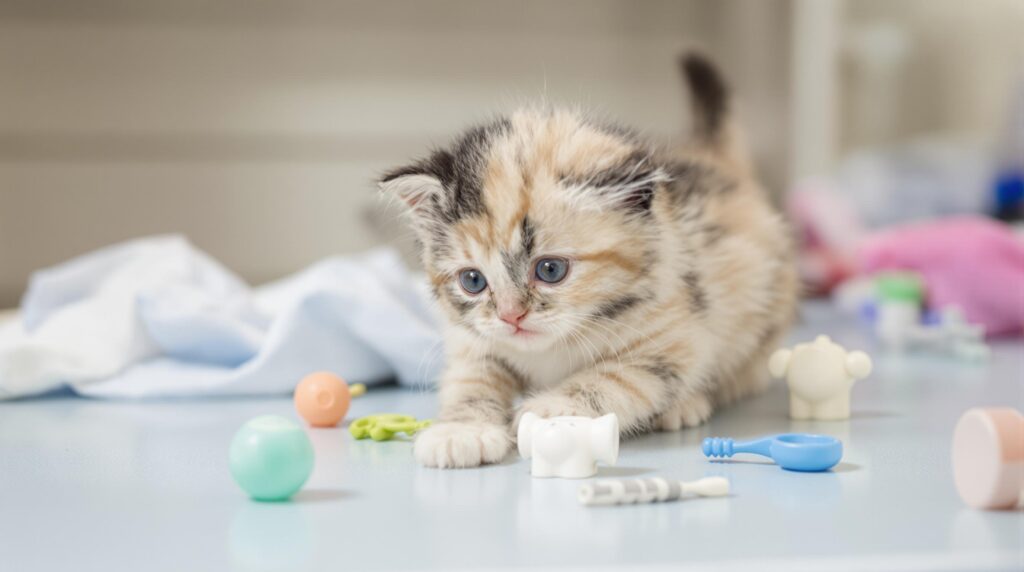 Kitten playing with toys scattered on the floor